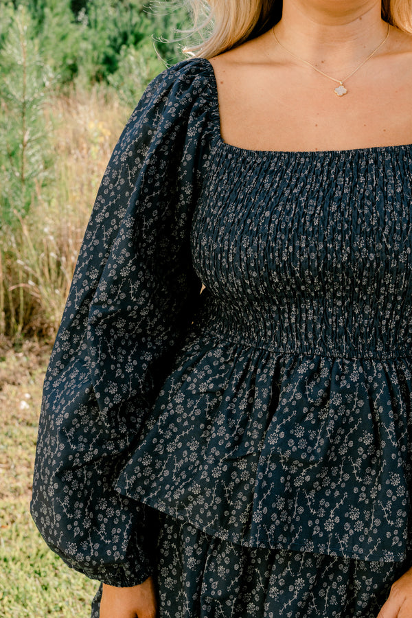 Chic Soul plus size clothing, navy floral print long sleeve square neck ruffle tiered maxi dress