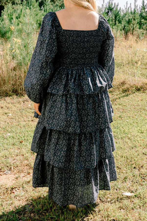 Chic Soul plus size clothing, navy floral print long sleeve square neck ruffle tiered maxi dress