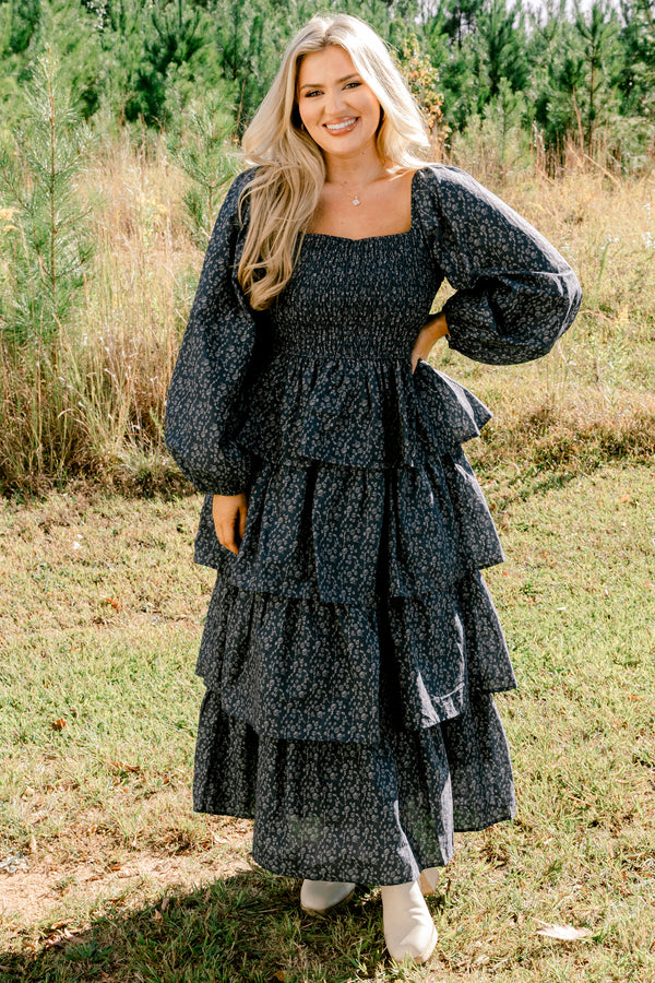 Chic Soul plus size clothing, navy floral print long sleeve square neck ruffle tiered maxi dress