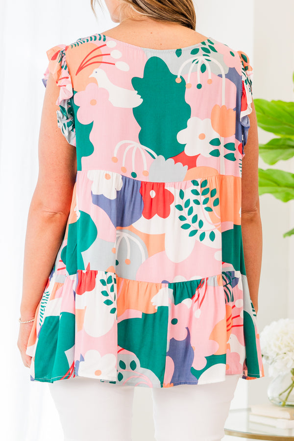 Chic Soul plus size clothing, pink large floral multi print short sleeve top with tier detail and ruffle on sleeves