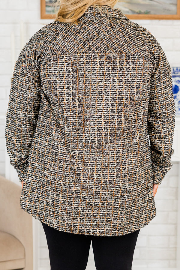 Chic Soul plus size clothing, black tweed long sleeve button up coat with collar detail and chest pocket detail with cuff sleeves