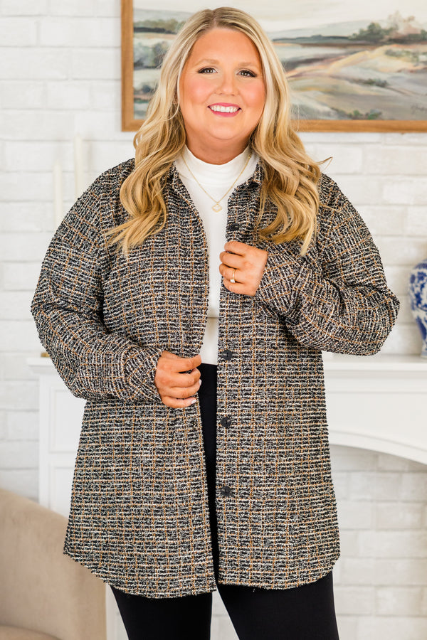 Chic Soul plus size clothing, black tweed long sleeve button up coat with collar detail and chest pocket detail with cuff sleeves