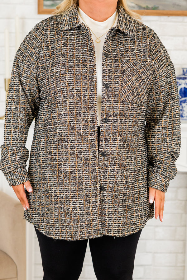 Chic Soul plus size clothing, black tweed long sleeve button up coat with collar detail and chest pocket detail with cuff sleeves