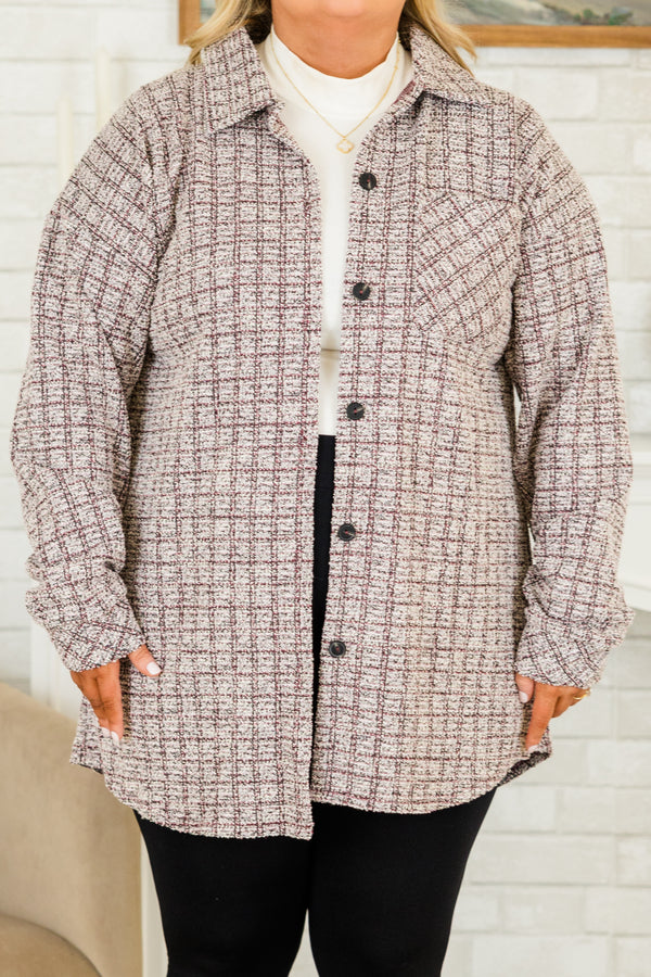 Chic Soul plus size clothing, long-sleeve cozy collared buttoned plaid burgundy coat with black buttons