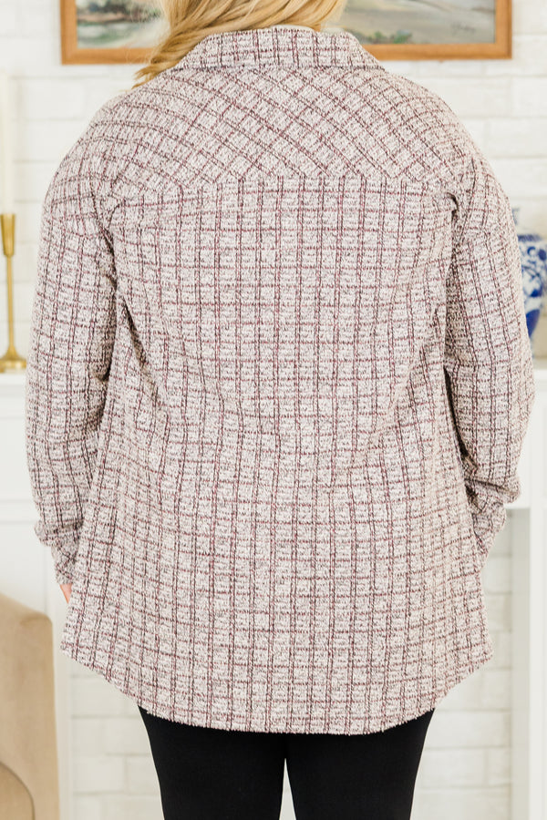 Chic Soul plus size clothing, long-sleeve cozy collared buttoned plaid burgundy coat with black buttons