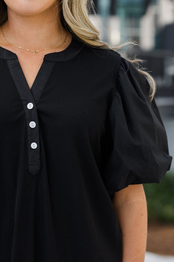 Chic Soul plus size clothing, black puff sleeve top with 3 button neckline
