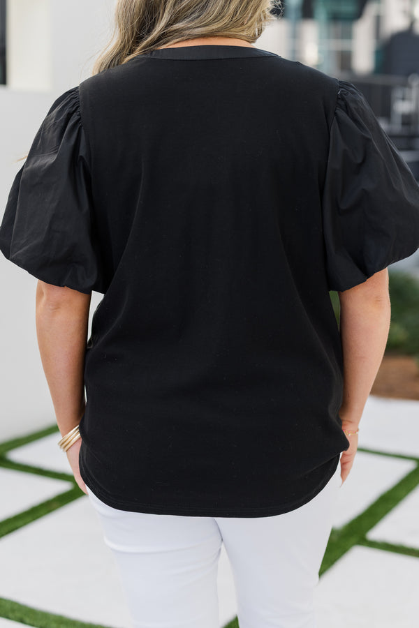 Chic Soul plus size clothing, black puff sleeve top with 3 button neckline