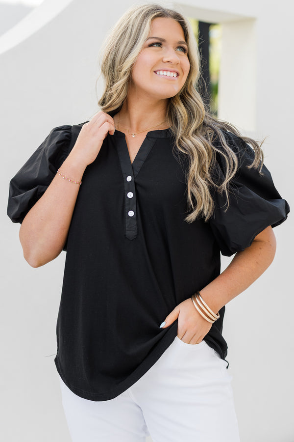 Chic Soul plus size clothing, black puff sleeve top with 3 button neckline