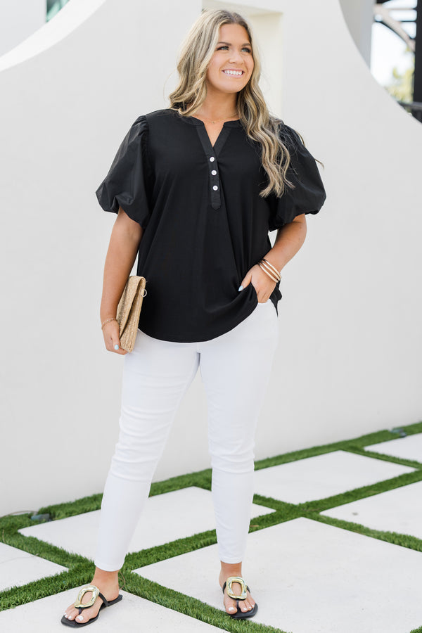 Chic Soul plus size clothing, black puff sleeve top with 3 button neckline
