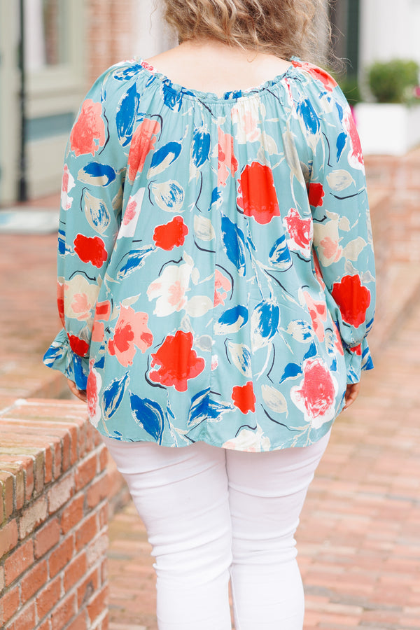 Chic Soul plus size clothing, sage green top with multicolor floral pattern and bubble sleeves