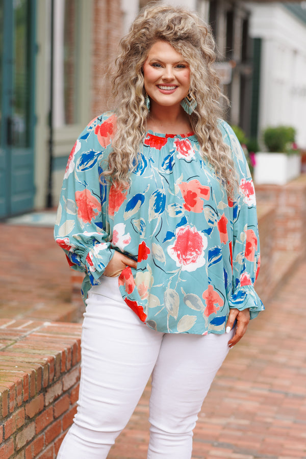 Chic Soul plus size clothing, sage green top with multicolor floral pattern and bubble sleeves