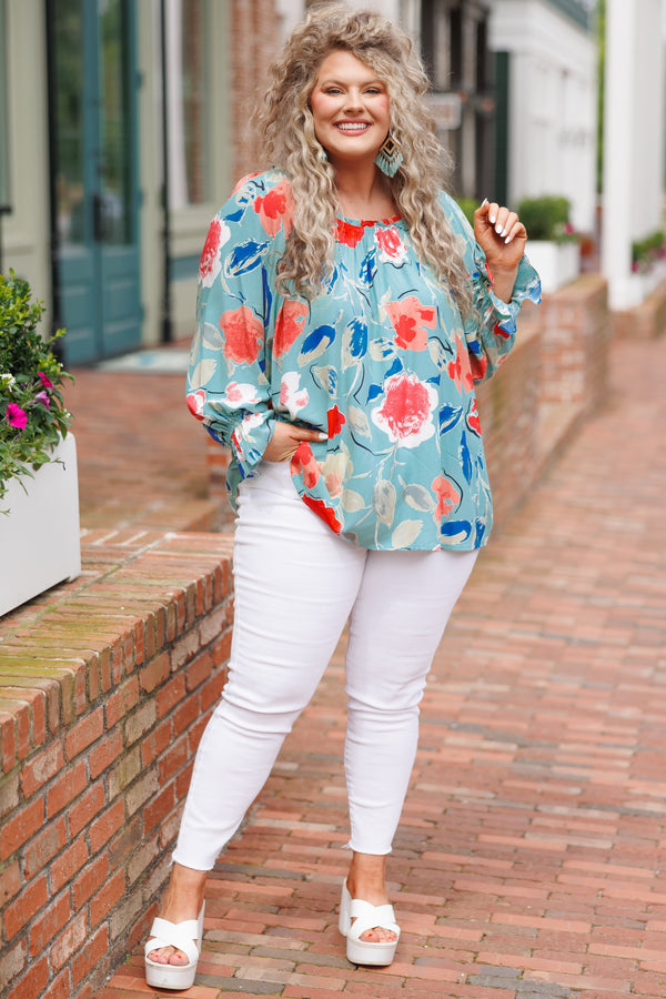 Chic Soul plus size clothing, sage green top with multicolor floral pattern and bubble sleeves