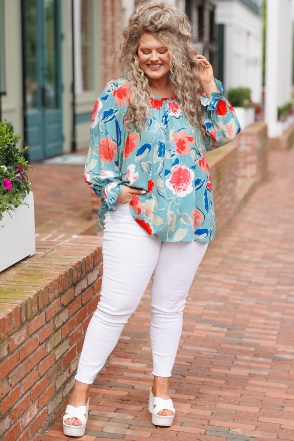 Chic Soul plus size clothing, sage green top with multicolor floral pattern and bubble sleeves