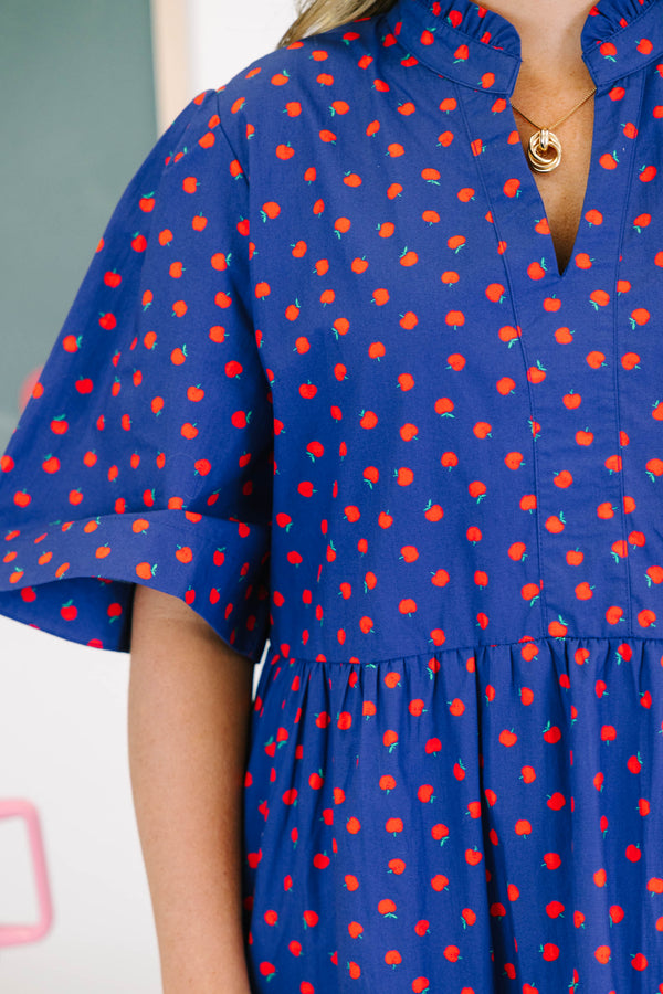 Plus size navy babydoll dress with red apple pattern