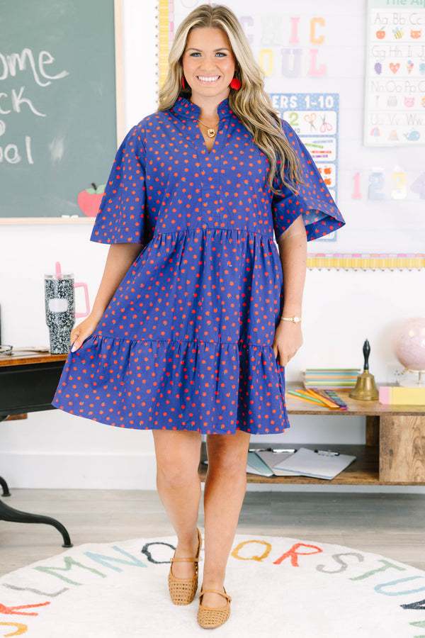 Plus size navy babydoll dress with red apple pattern