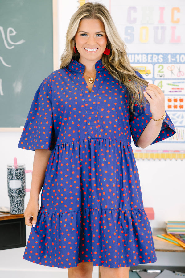 Plus size navy babydoll dress with red apple pattern