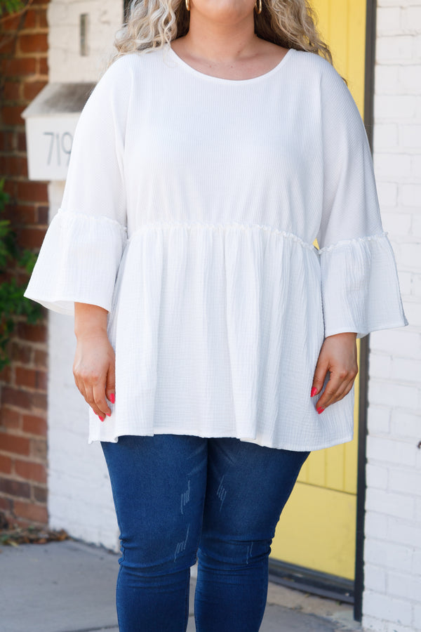 Chic Soul plus size clothing, white textured babydoll top with bell sleeves