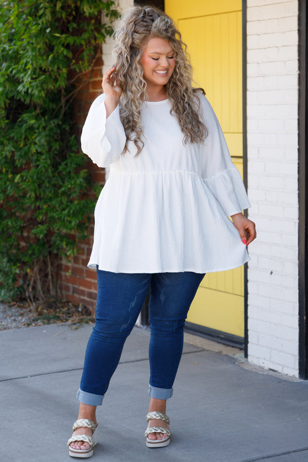Chic Soul plus size clothing, white textured babydoll top with bell sleeves