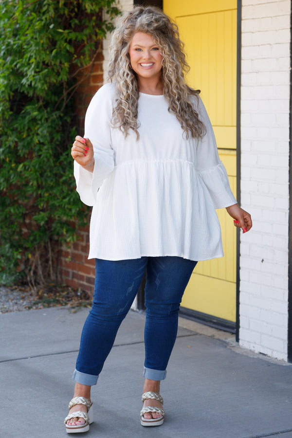 Chic Soul plus size clothing, white textured babydoll top with bell sleeves