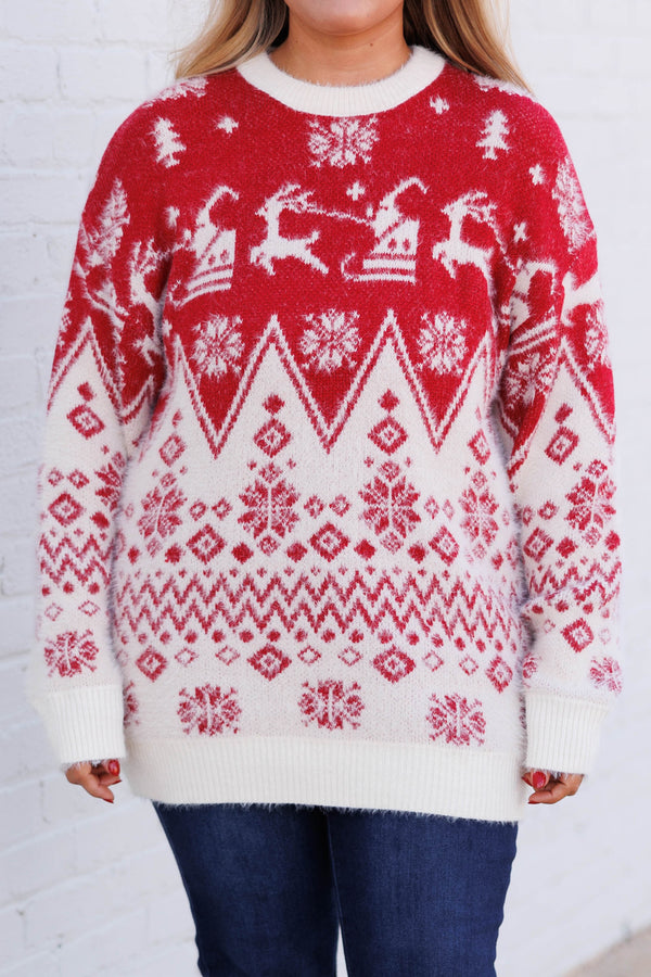 Chic Soul plus size clothing, christmas sweater tunic length red and cream