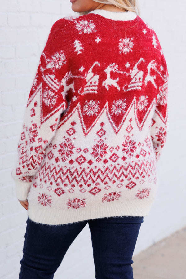 Chic Soul plus size clothing, christmas sweater tunic length red and cream