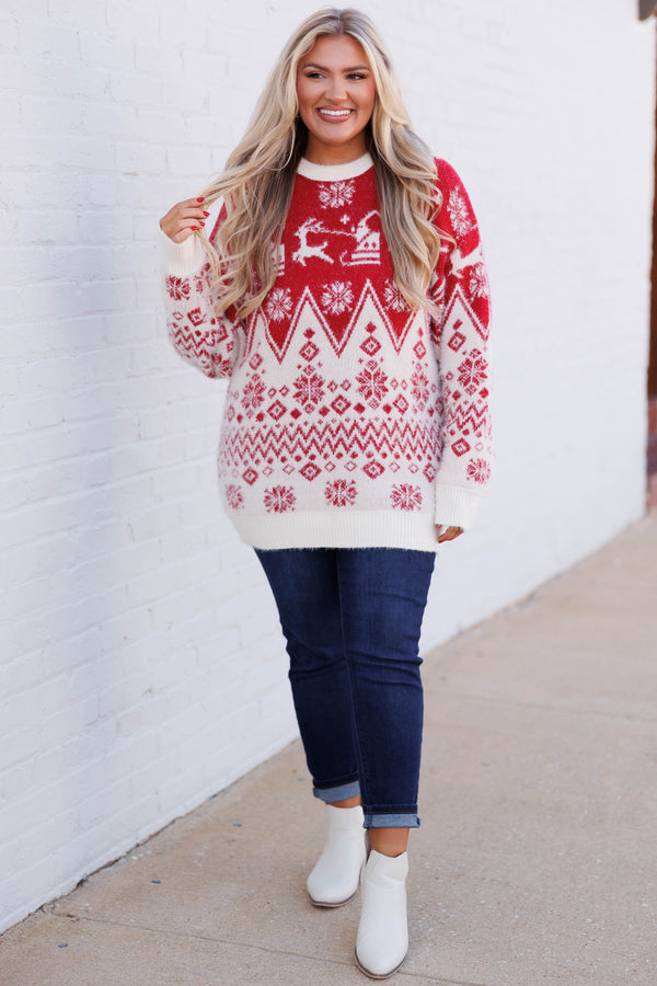 Chic Soul plus size clothing, christmas sweater tunic length red and cream