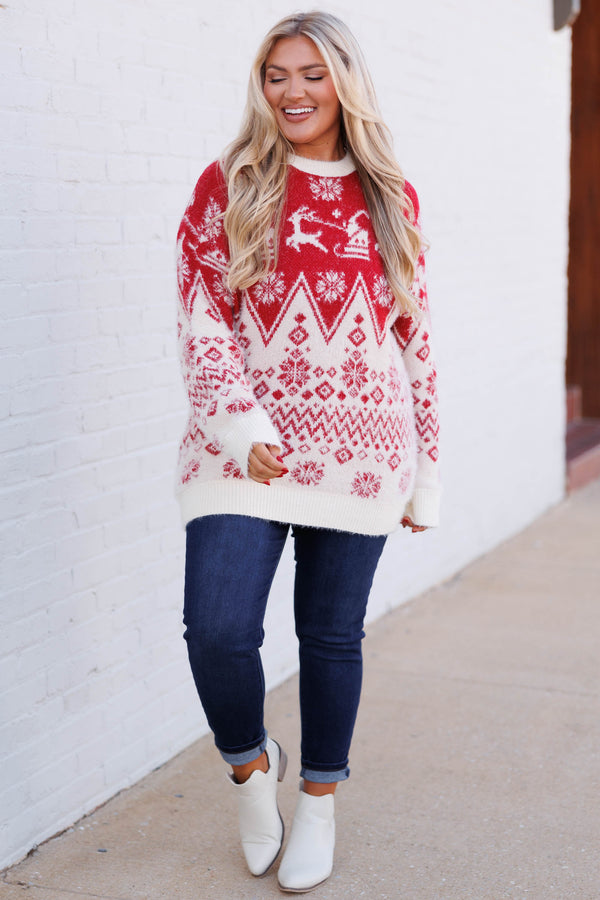 Chic Soul plus size clothing, christmas sweater tunic length red and cream