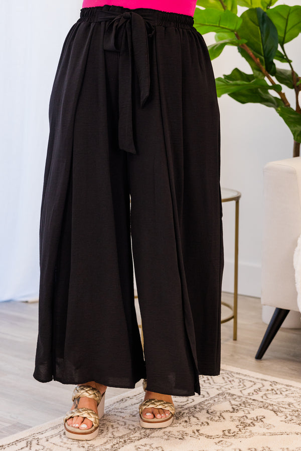 Chic Soul plus size clothing, black high-waisted wide-leg pants with waist-tie and slits in front of both pant legs