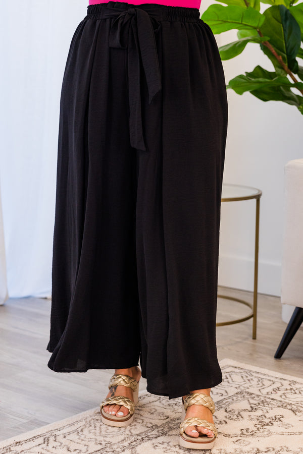 Chic Soul plus size clothing, black high-waisted wide-leg pants with waist-tie and slits in front of both pant legs