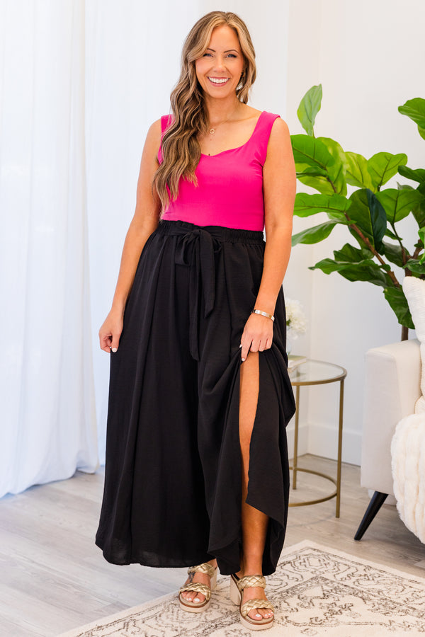 Chic Soul plus size clothing, black high-waisted wide-leg pants with waist-tie and slits in front of both pant legs