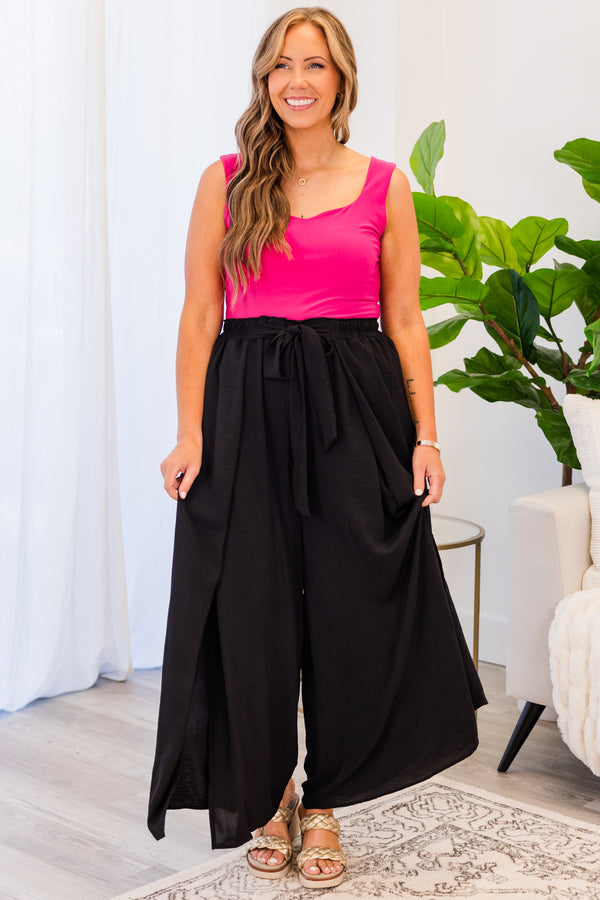 Chic Soul plus size clothing, black high-waisted wide-leg pants with waist-tie and slits in front of both pant legs