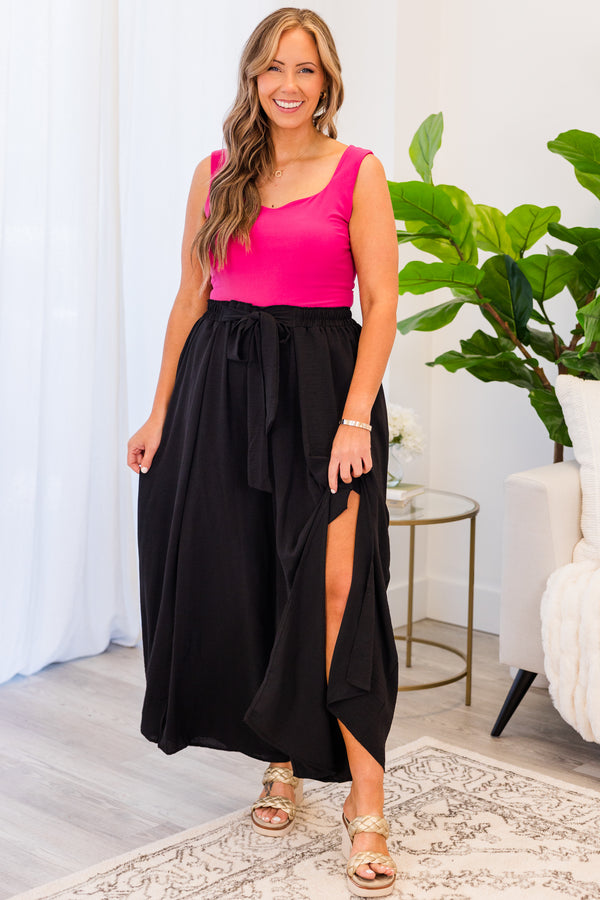 Chic Soul plus size clothing, black high-waisted wide-leg pants with waist-tie and slits in front of both pant legs