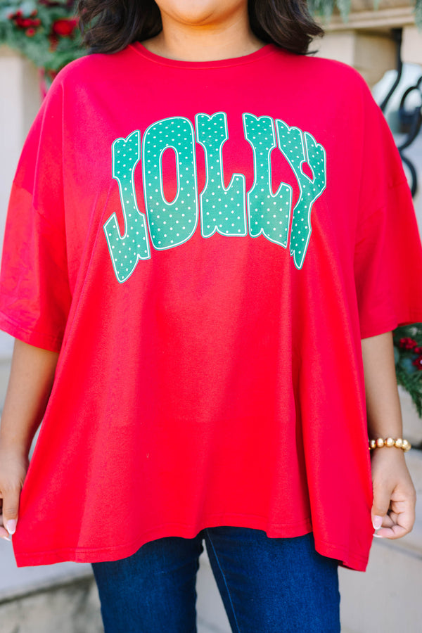 Plus size clothing, red oversized boyfriend tee with green polka dot 