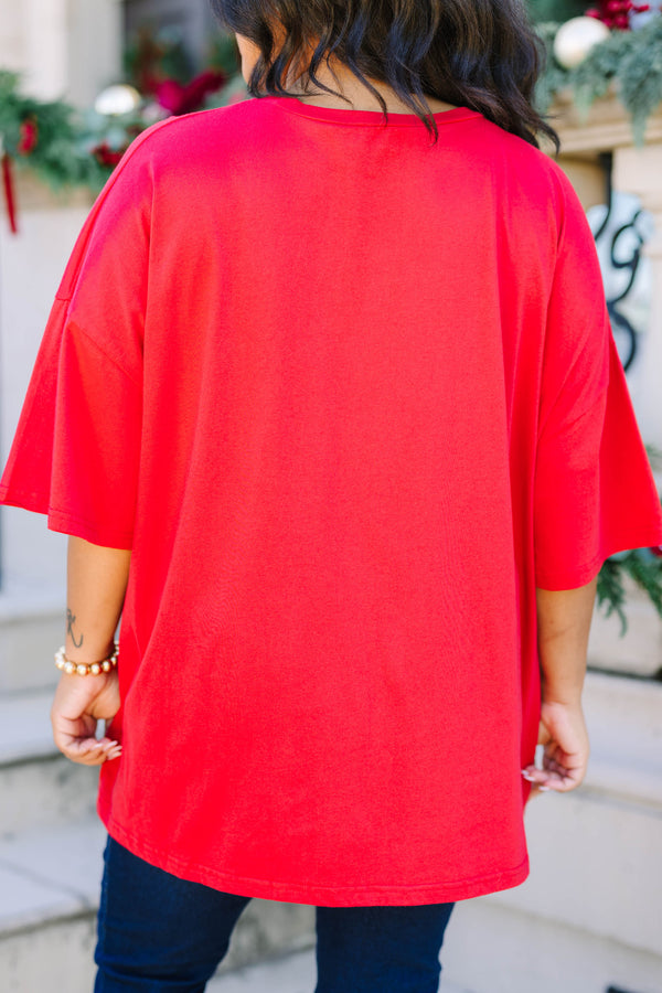 Plus size clothing, red oversized boyfriend tee with green polka dot 