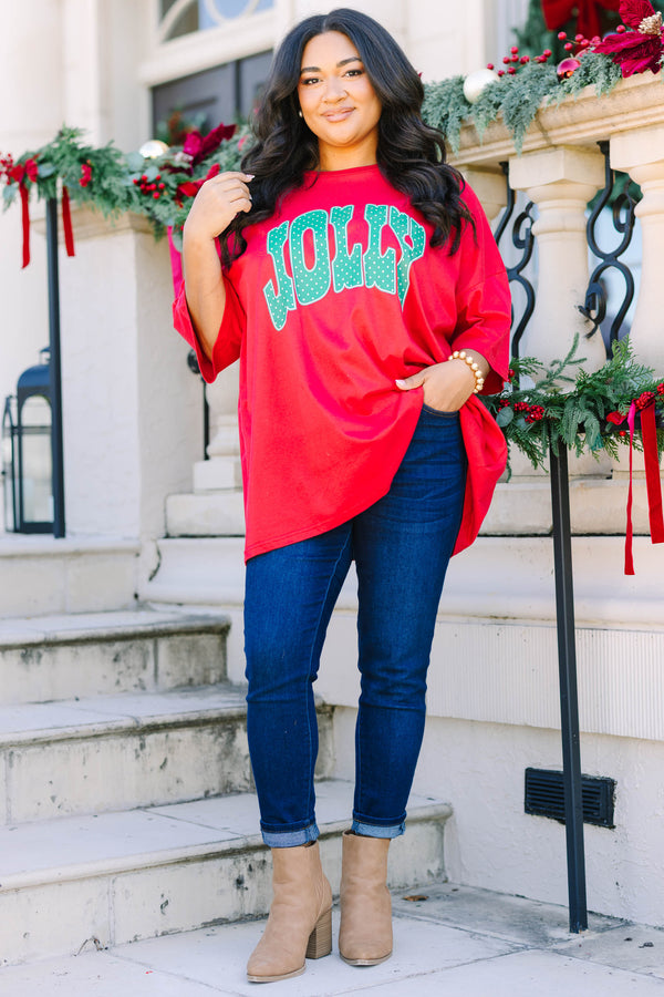 Plus size clothing, red oversized boyfriend tee with green polka dot 