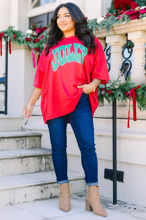 Plus size clothing, red oversized boyfriend tee with green polka dot 