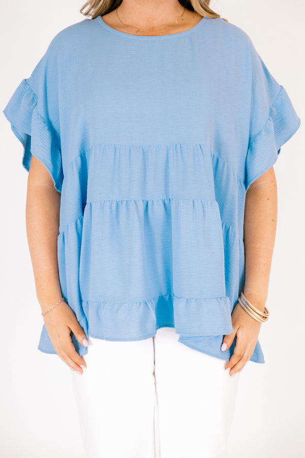Chic Soul plus size clothing, light blue ruffle sleeve tiered top