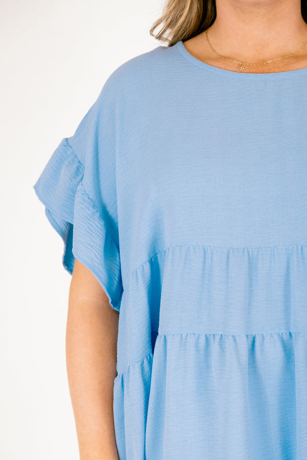 Chic Soul plus size clothing, light blue ruffle sleeve tiered top