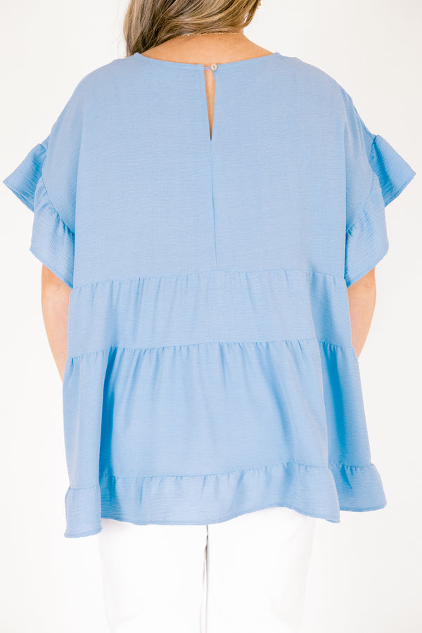 Chic Soul plus size clothing, light blue ruffle sleeve tiered top