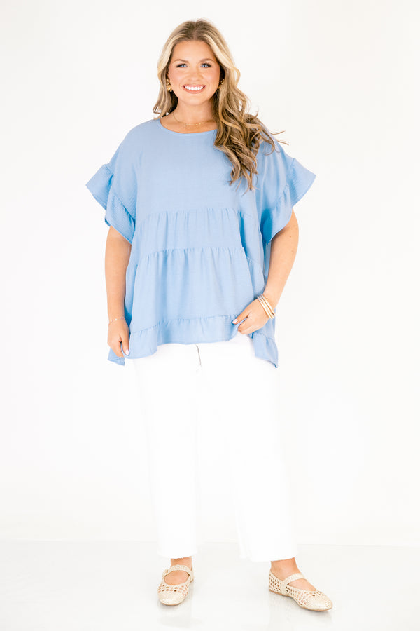 Chic Soul plus size clothing, light blue ruffle sleeve tiered top