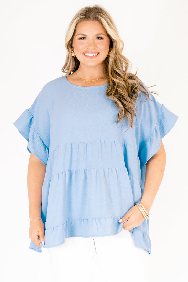 Chic Soul plus size clothing, light blue ruffle sleeve tiered top