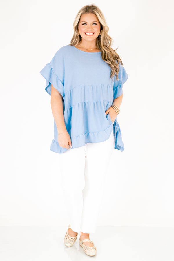 Chic Soul plus size clothing, light blue ruffle sleeve tiered top