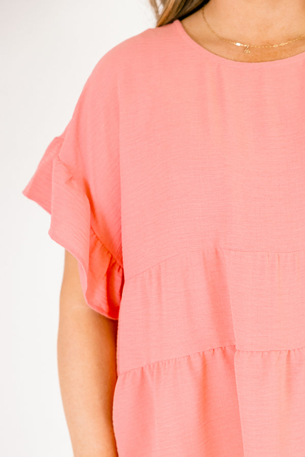 Chic Soul plus size clothing, pink tiered top with short sleeves that have a ruffle detail 
