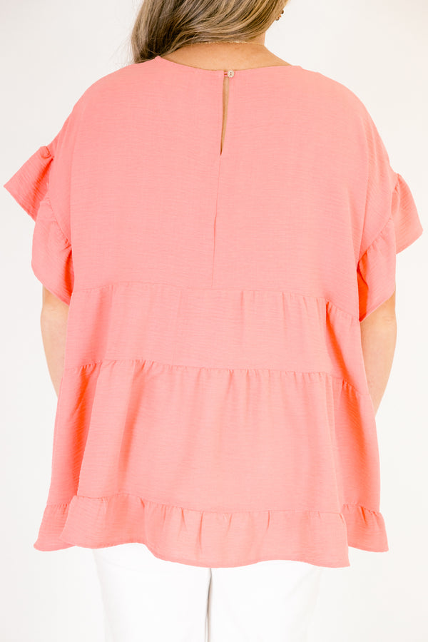 Chic Soul plus size clothing, pink tiered top with short sleeves that have a ruffle detail 
