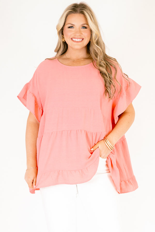 Chic Soul plus size clothing, pink tiered top with short sleeves that have a ruffle detail 