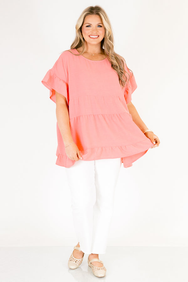 Chic Soul plus size clothing, pink tiered top with short sleeves that have a ruffle detail 
