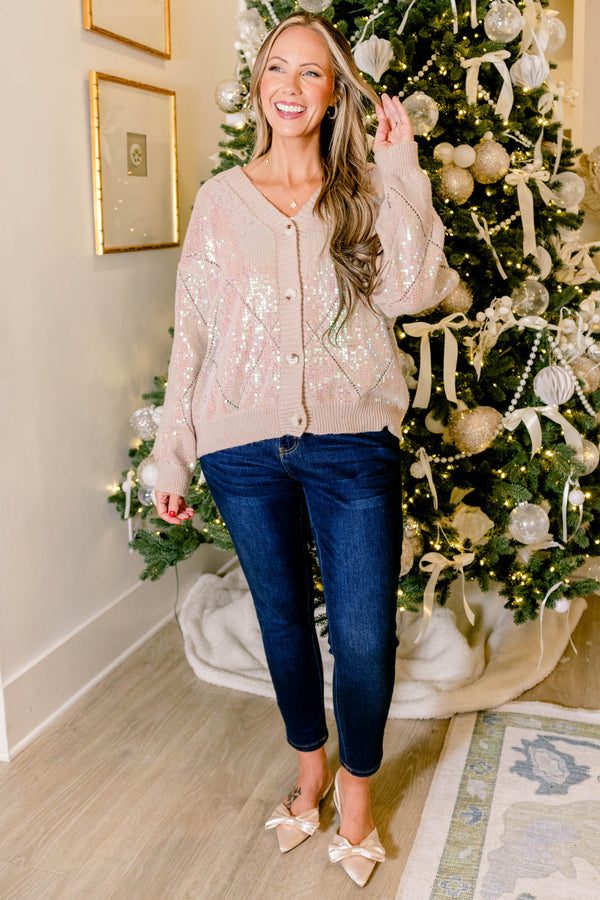 Chic Soul plus size clothing, light pink long sleeve sequin cardigan with four wooden buttons down the middle