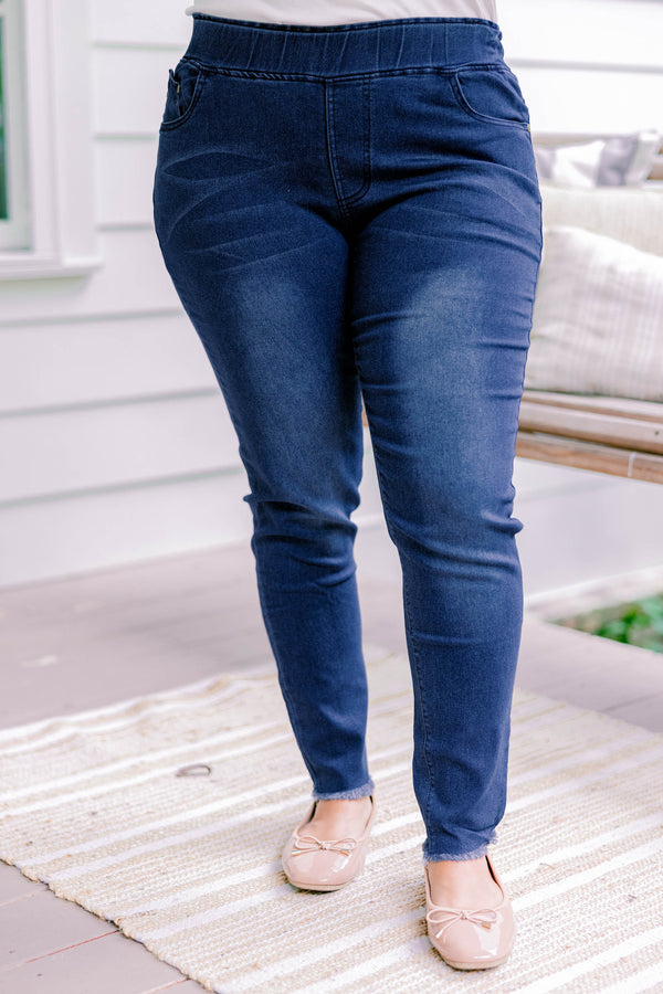 Chic Soul plus size clothing, dark wash full length denim jeggings with a slightly distressed hem
