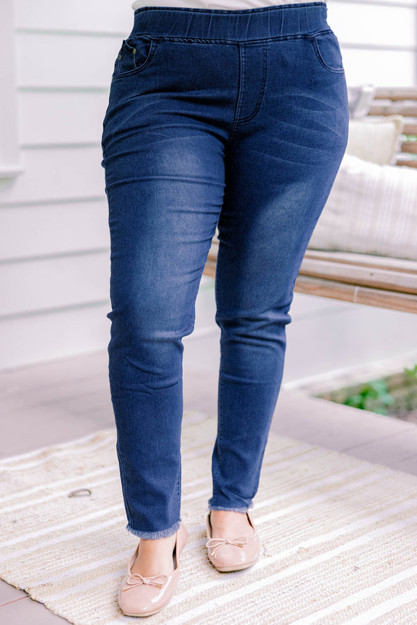 Chic Soul plus size clothing, dark wash full length denim jeggings with a slightly distressed hem