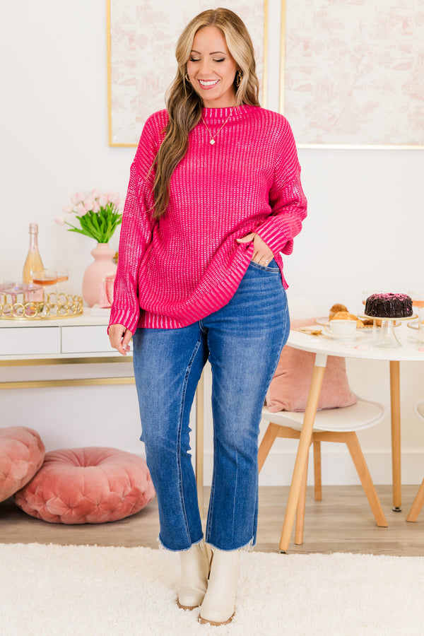 Chic Soul plus size clothing, long-sleeve pink knit sweater with crew-neck